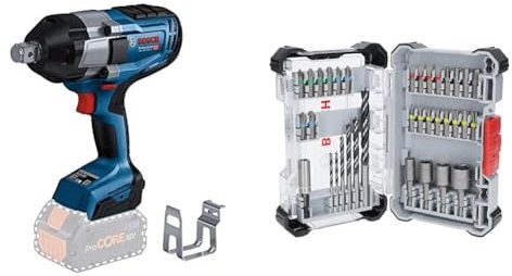 Bosch Professional 18V System BITURBO Akku Drehschlagschrauber GDS 18V-1050 H (ohne Akku/Ladegerät) + 35x Extra Hard Schrauberbit‑ und PRO Wood Bohrer-Set (197 x 110,5 mm, Professional Zubehör)