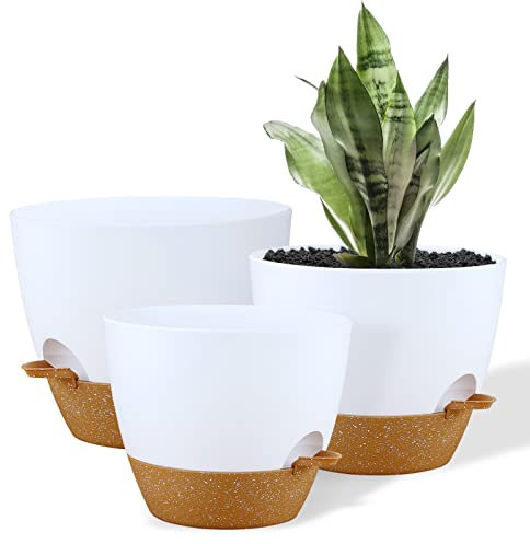 FORAGIFT 25/23/20cm Self-Watering Plant Pots Indoor, 3 Pack Large Plastic Plant Pots with Deep Reservior and High Drainage Holes for Indoor Outdoor Plants and Flowers, White with Terracotta
