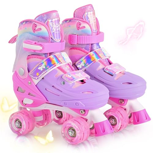 2PM SPORTS Pattini a Rotelle Regolabili Bambine (3-12 Anni) - Taglie 10-13C/1-6, Principianti, Rosa Farfalla, Interno/Esterno