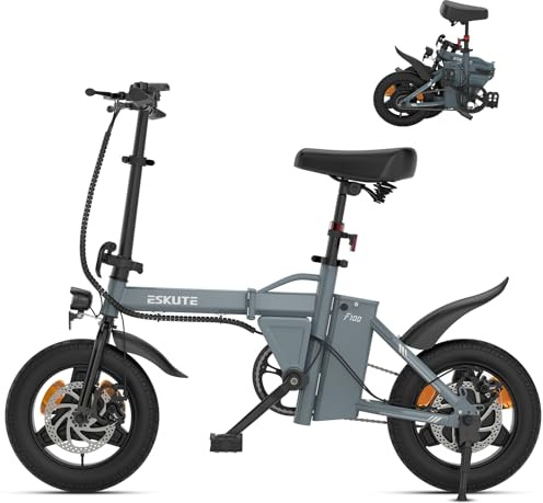 Eskute F100 Electric Folding Bike, 14 Electric Commuter Bicycle 36V 9Ah Battery, Range 35 Miles, Mini Folding Ebike with Phone Holder & USB Charging Port, LCD Display, Foldable Ebike for Teens/Adults