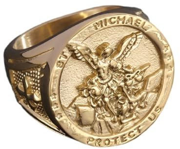 Anillo de Arcángel-Ángel-Cruz para Hombres Anillo Cristiano de Arcángel Dorado Edición Católica Joyería de Ángel para Caballeros, Acero inoxidable, Sin piedras preciosas