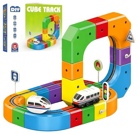 Elektrische Eisenbahn-Set mit Flexibler Rennstrecke für Kinder, Schwerkrafttrotzende 3D-Streckenführung und Motorisiertes Auto für Kinder von 3–8 Jahren – Lernspielzeug (51Pcs)