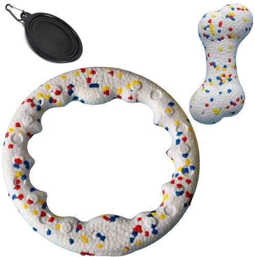 AzulLanse Juego de Juguetes para Perros de 2 Piezas,1 de Forma de Hueso,1 Anillo para morder,Juguetes interactivos duraderos de Poncorn e-TPU para Cachorros,para morder y Tirar,1 Cuenco Plegable