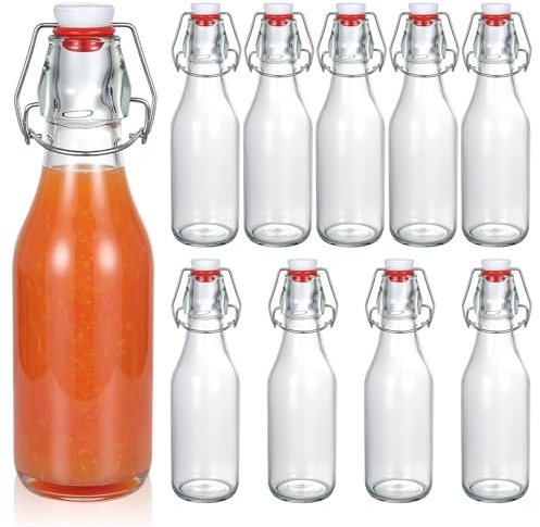 bayidun 10 Pcs Clip Top Bottles, 250ml Glass Bottles with Lids, Clear Tight Stopper Preserve Swing Flip Top Bottlesset, for Lemonade Juice, Oil, Vinegar, Water, Beverages