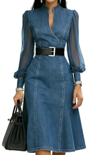 Générique Robe Jean Femme midi, Manches Longues Bouffantes, Patchwork, col V, Taille ceinturée, Coupe évasée élégante