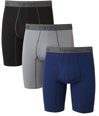 Hanes Mens 3-pack Comfort Flex Fit Ultra Soft Stretch Brief, Available In Regular And Long Leg Boxer, Gray/Blue- Long Leg - 3 Pack, Large US