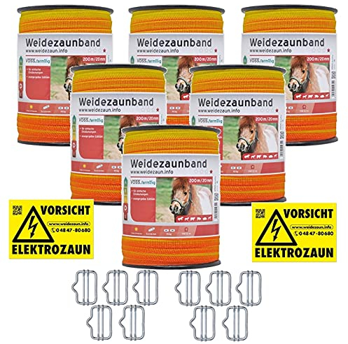 VOSS.farming 1200m Weidezaunband 20mm Elektrozaunband 5X 0,16 Niroleiter – mit Zubehör – gelb Oranges Elektroband Weidezaun Elektrozaun Ponyzaun Pferdezaun