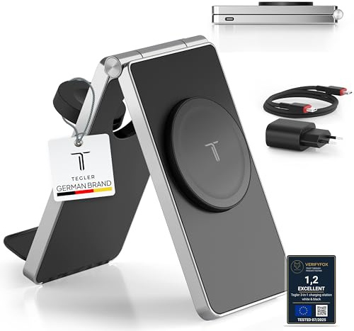 TEGLER 3 in 1 Caricatore MagSafe in Alluminio di Qualità – Stazione di Ricarica Apple per iPhone, Apple Watch e AirPods – Base Ricarica Pieghevole con adattatore da 20W incluso