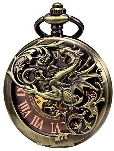 TREEWETO Reloj de Bolsillo mecánico para Hombre, diseño de dragón de ensueño, Esqueleto Medio Cazador, Doble Apertura, Color Plateado, Bronce, Caja Negra para Hombre
