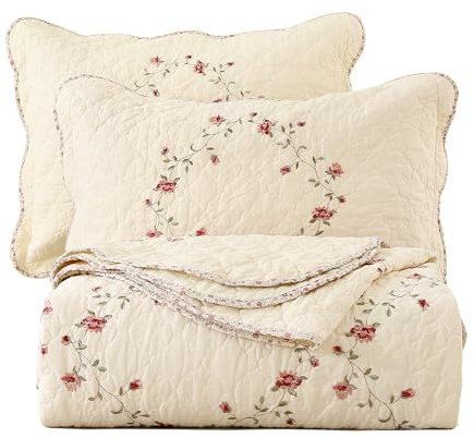 vctops 3-Piece Floral Embroidered Bedspread Coverlet Set Oversize Queen 100% Cotton Reversible Patchwork 1 Quilt and 2 Pillow Shams (Flower,Oversize Queen)
