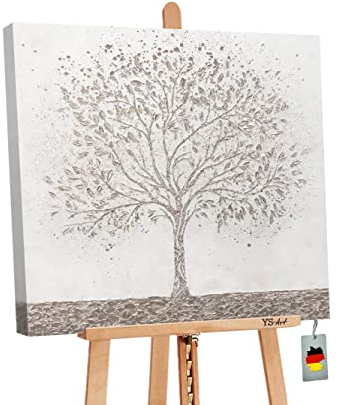 YS-Art Abstrakt Acryl Gemälde auf Leinwand Stammbaum handgemalt Wandbilder Wohnzimmer modern Wohndekor Bilder Büro Praxis weiß grau Baum echte Kunst 80x80 cm
