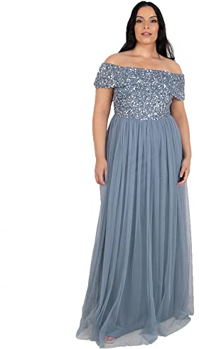 Maya Deluxe Damen Abendkleid Brautjungfernkleid Bardot Paillettenverzierung Elegant Für Hochzeit Tüllkleid Bridesmaid Dress, Dusty Blue, 38 EU