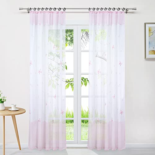 Delien Voile Gardinen Modern Transparente Gardinenschals Landhaus für Wohnzimmer »Schmetterling« Vorhang mit Stickerei Flächenvorhänge Fenster Schal mit Kräuselband 1 St.,BxH 140x175cm,Rosa
