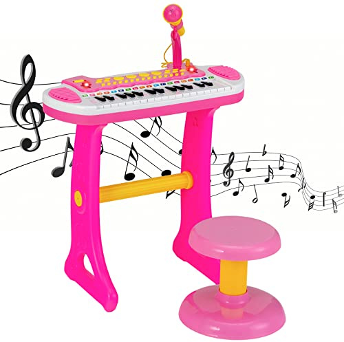 GYMAX 31 Keys Kids Piano and Stool, Children Electronic Piano with Stand, Adjustable Microphone, Flashing Light, Record & Playback Functions, Portable Toy Pianos for 3 Years old + Girls Boys (Pink)