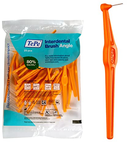 TEPE Interdentalbürste Winkel, abgewinkelte Zahnbürste für Zahnreinigung, 25 Stück, 0,45 mm, extra kleine/kleine Lücken, Orange, Größe 1