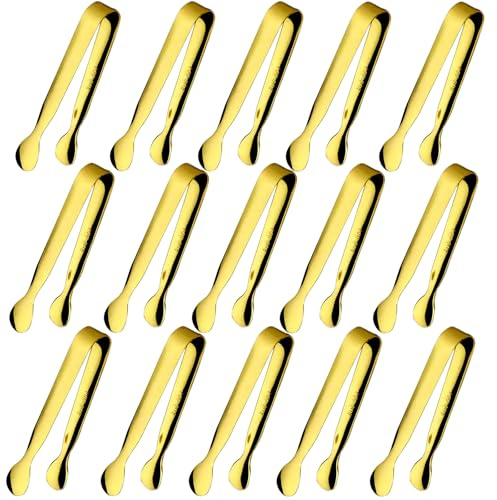 15PCS Mini Tongs for Serving, Metal Tong Stainless Steel Gold Tongs, 4.25Inch Small Sugar Tong, Kitchen Mini Serving Tongs for Appetizers, Ice, Charcuterie, Gold Utensil for Dessert Table, Tea Party
