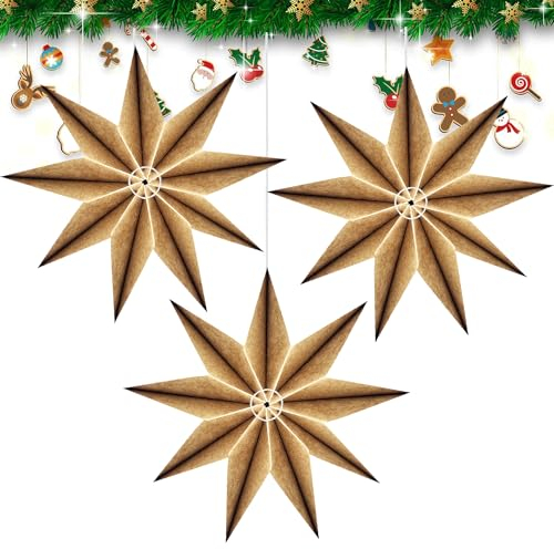 Sunshine smile 30 cm, stella, 3 pezzi, carta, colore legno, Natale, 9 punte, decorazioni a stelle