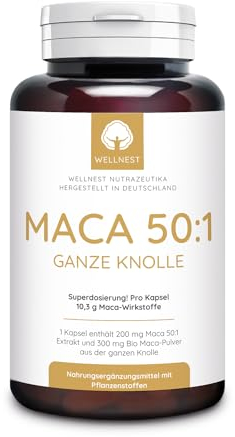 Wellnest Bio Maca Kapseln 1er Pack (180 Stück) – 50:1 Extrakt plus ganze Knolle, hochdosiert, vegan, entspricht 10,3 g Maca pro Kapsel
