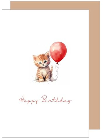 Edition Seidel Tarjeta de cumpleaños Premium con sobre de papel kraft. Tarjeta de felicitación Feliz Cumpleaños Tarjeta Billet para Mujer Hombre Niña Niño Animal Gato Gatito Globo (G3542 SW024)