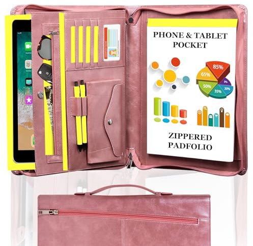 AZXCG Portfolio Binder, Pink Portfolio with Handle and Zipper,Leather Padfolio for Women,Professional Business Portfolio Organizer,A4 Notepad Holder, Gift for Valentine's Day,Girls and Women,