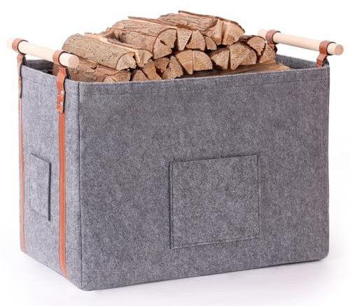 Pynhoklm® Panier à bois de cheminée 60 l - 4 mm d'épaisseur - En feutre - Avec poignée en bois - Panier à bois de chauffage - Panier pour bois de cheminée, journaux, vêtements pour le transport et le