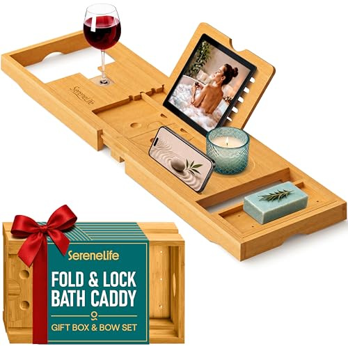 SereneLife Premium Bathtub Tray Caddy, Expandable Bath Tray, Unique House Warming Gifts, Gift for Mom, Women, New Home, Wedding, Anniversary, Bridal Shower, Universal Fit for All Tub