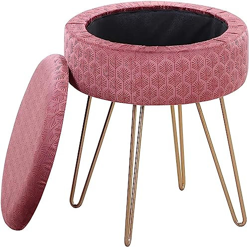 Moderner Frisierstuhl, Fußstütze, Hocker, Ottomane für Wohnzimmer, Schlafzimmer, rosafarbener Samt-Kosmetikhocker, runder Aufbewahrungshocker mit Metallbeinen, rosafarben 35 x 35 x 40 cm (14