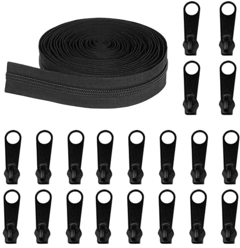 GisWell 1 rulle ändlös dragkedja med dragkedja, ändlös dragkedja, 4 mm 9,3 m med 20 st dragkedja (svart)