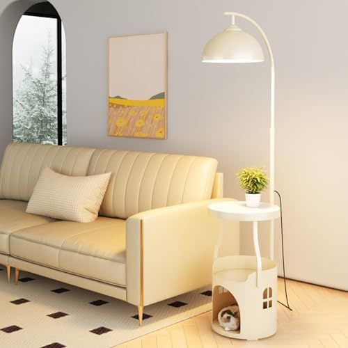 Lampadaire arqué en métal pour salon, lampadaire rustique avec table en marbre et panier pour chat, lampe d'appoint moderne à hauteur réglable(Cream white)