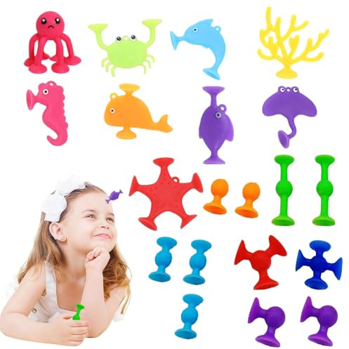TENGWA 20 stycken sugkoppar leksaker barn silikon sugpropp leksak baby havsdjur badkar leksak lämplig för barn från 1–3 år och äldre reseleksaker sensoriska leksaker barn 4–8 år