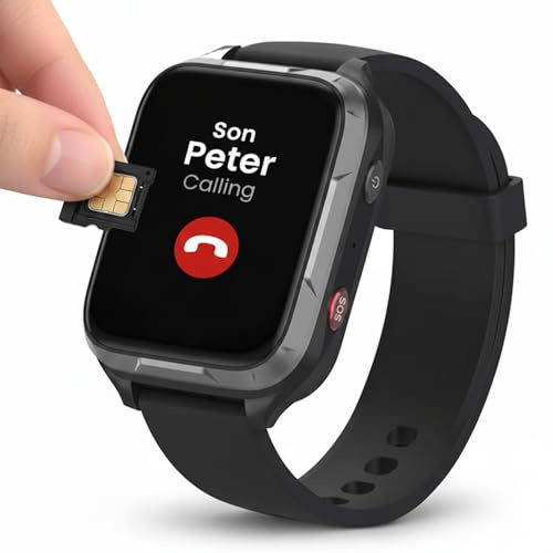4G SIM Free SOS Personal Alarm Watch - Requires a SIM Card (Black) | 2-Way Calling like a mobile phone | Heart Rate monitor | Step Counter | Blood Oxygen Monitor