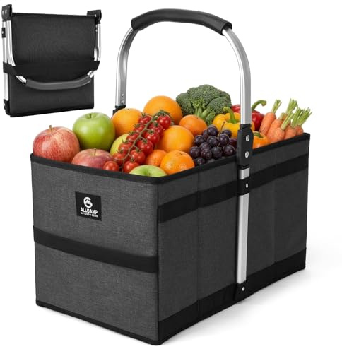 ALLCAMP Shoppingkorg i bagageutrymmet 25 cm L x 24 cm B x 7 cm H, stor, 27 l bärbar multifunktionskorg, kompakt med aluminiumhandtag sparar utrymme återanvändbar (svart)