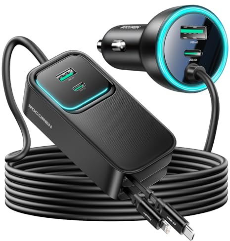 Rocoren 6-i-1 cigarettändare, USB 135 W, billaddare, infällbar snabbladdare, adapter, 12 V – 24 V biltillbehör, interiör med 1,5 m kabel, camping, husbil, resa, pryl för bärbar dator, mobiltelefon