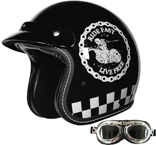 3/4 öppen motorcykelhjälm i vintagestil med glasögon och bekvämt foder, ECE-certifierad, lämplig för vuxna (män och kvinnor). 2,XL = 59–60 cm