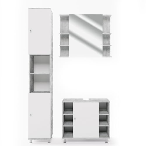 Vicco Badmöbel-Set Beton Fynn, bestehend aus Bad Spiegelschrank, Waschbeckenunterschrank, Hochschrank - mit Fächern für Flexible Aufbewahrung