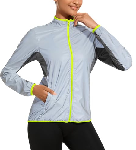 bpbtti Women's Lightweight Full Zip Windbreakers Reflective Jackets workout Tops For Spring/Autumn (Grey/Neon yellow, XX-Large)