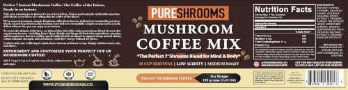 PureShrooms Perfect 7 Mushroom Coffee - Instant Single Origin Arabica with Organic Lion’s Mane, Reishi & Cordyceps - Low Acidity Nootropic Superfood Beverage for Focus & Energy, 50 Servings