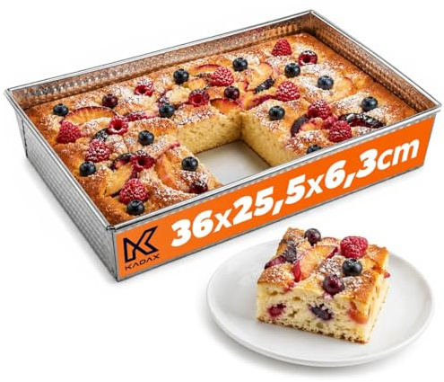 KADAX Rektangulär bakform, bakplåt i 3 storlekar, med höga plåtkanter för kakor, rostbröd, ostkaka och brownies, lättskött lådform med bra värmefördelning (36 x 25,5 cm, silver)