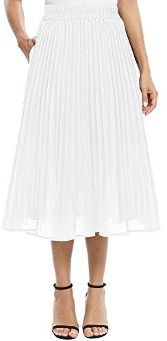 EXCHIC Femmes Décontractée Mousseline de Soie Élastique Taille A Ligne Plissé Midi Jupe avec Poche (L, Blanc)