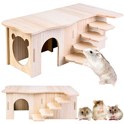 Vegena Holz Hamsterhaus mit Treppen - Hamster Versteck, Käfig Dekor Zubehör für Rennmäuse, Degus, Stachelmäuse, Zwerghamster (27 * 15 * 10.5cm)