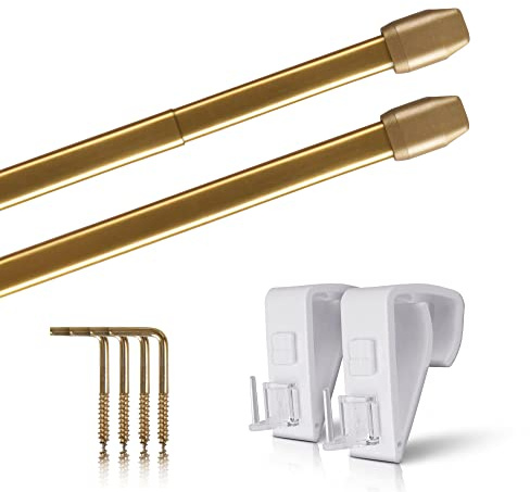 Vitragestangen 2er Pack ausziehbar, 2 Gardinenstangen mit Klemmträger - Befestigung ohne Bohren (Farbe: messing glänzend, Größe: 40-60cm)