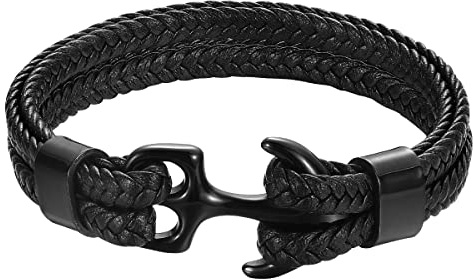 Emibele Bracciale da Uomo, Robusto Bracciale in Pelle Bovina, Polsino Avvolgente Multistrato Ancora Classica, Idea Regalo per Uomi Amanti, Nero con Ancora Nera