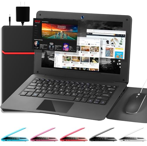 G-Anica Laptop Computer(10.1 inch), Quad Core Powered by Android 12.0, Netbook Computer with WiFi, Webcam and Bluetooth, Mini Laptop with Bag, Mouse, and Mouse Pad for Kids and Adults（Black）