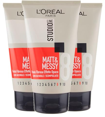 L'Oréal Paris Studio Line Matt&Messy Faserpaste, Matt-Effekt, wilder Look, Halt 8, sehr stark, 3 Flaschen à 150 ml