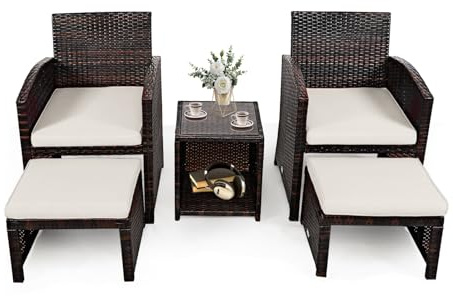 KOMFOTTEU Juego de Muebles de Ratán de 5 Piezas, Conjunto de Jardín con 1 Mesa de Cristal Templado, 2 Sillas y 2 Reposapiés, Juego de Comedor con 4 Cojines, para Balcón, Terraza (Blanco)