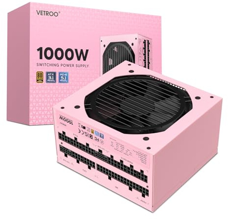Vetroo 1000W Pink Power Supply ATX 3.1 Ready Dual PCIe 5.1, 80 Plus Gold Full Modular, Eco Mode with 120mm FDB Fan, Compact Size, 10 Year Warranty for Gaming PC