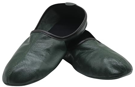 Akdam Pantofole da uomo in pelle per interni, stile tradizionale babouche, mocassino a piedi nudi, verde scuro, 44 EU