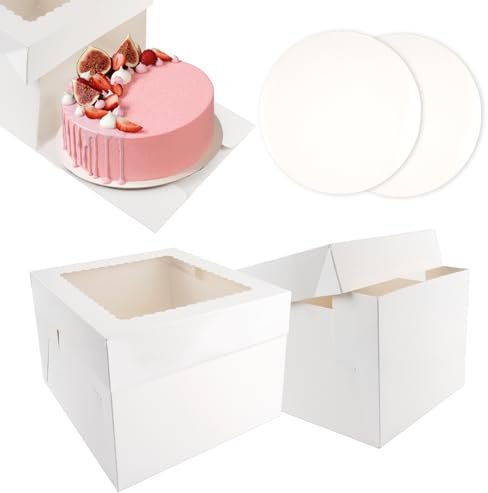 Tikplus Tortenbox Set, 2 Stück Tortenkarton mit Tortenplatte, 25.4x25.4x20.3cm Cake Box, Tortenbox Karton, Tortentransportbox, Torten Karton Box, für Kuchen, Gebäck(Weiße)