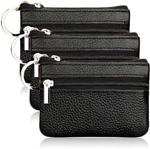 3 Stück Schlüsseltasche Leder, Klein Schlüsseletui Damen und Herren Schlüsselmäppchen mit 2 Separate Fächer Mini Geldbörse Portemonnaie für Autoschlüssel Geld Karten, Schwarz