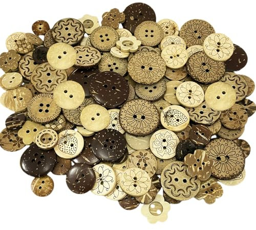 150 Stück Kokosnussschalen knöpfe, CNYMANY Vintage-Nähknopf aus Holz, 2 Löcher und 4 Löcher, braune Knöpfe für DIY-Bastelarbeiten, Scrapbook, Pullover, Hemdknöpfe, Häkeldekoration - 15 Stile